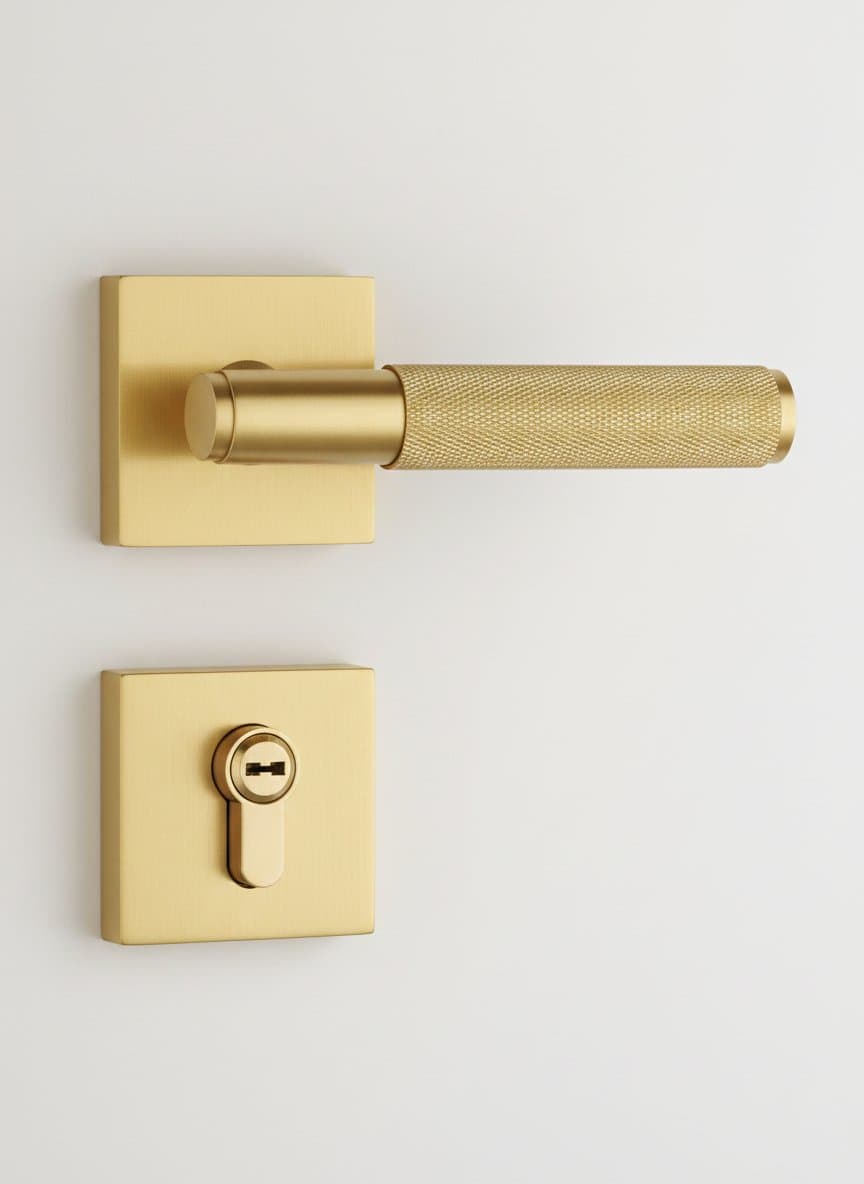 Modern brass door handle set with knurled texture, available in dummy, privacy, and passage functions for interior doors.