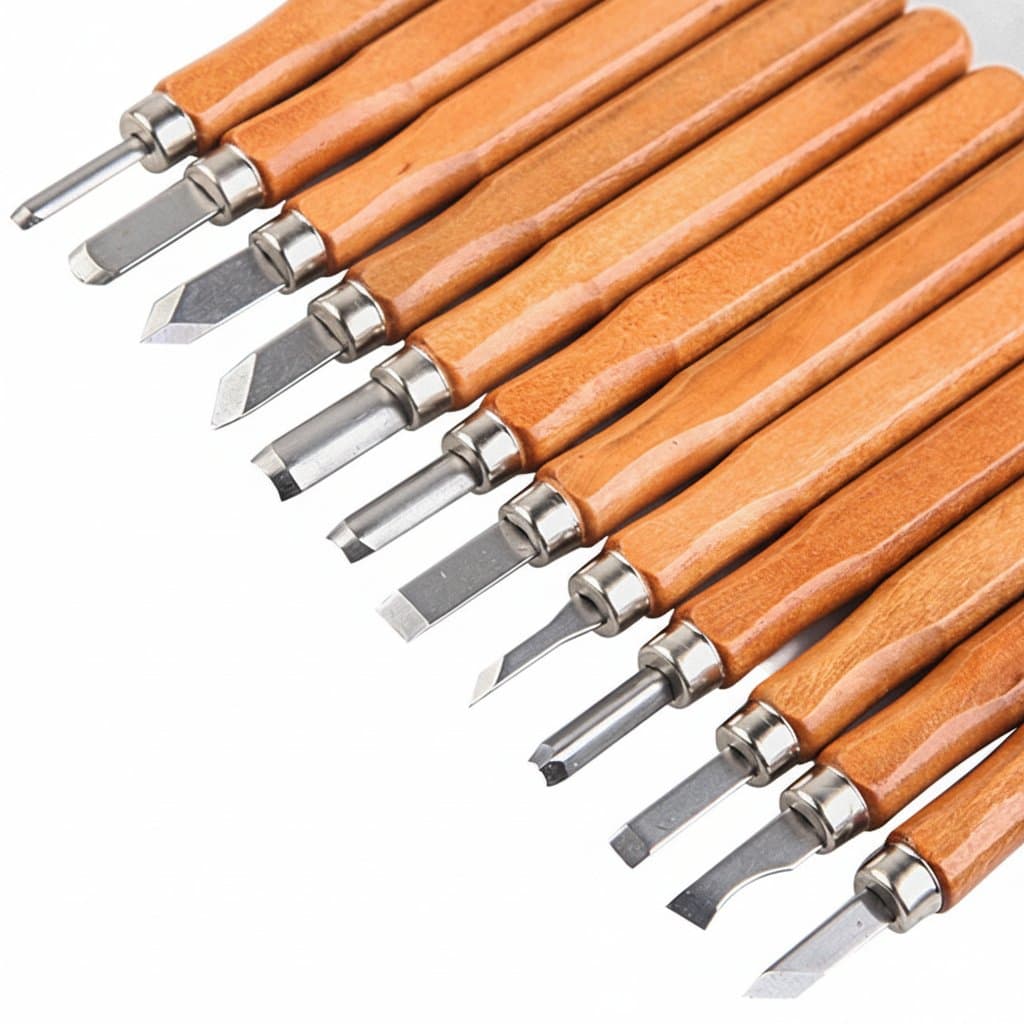 12-piece wood carving knife set with high-impact handles and sharp chisels for beginner and professional woodworkers.