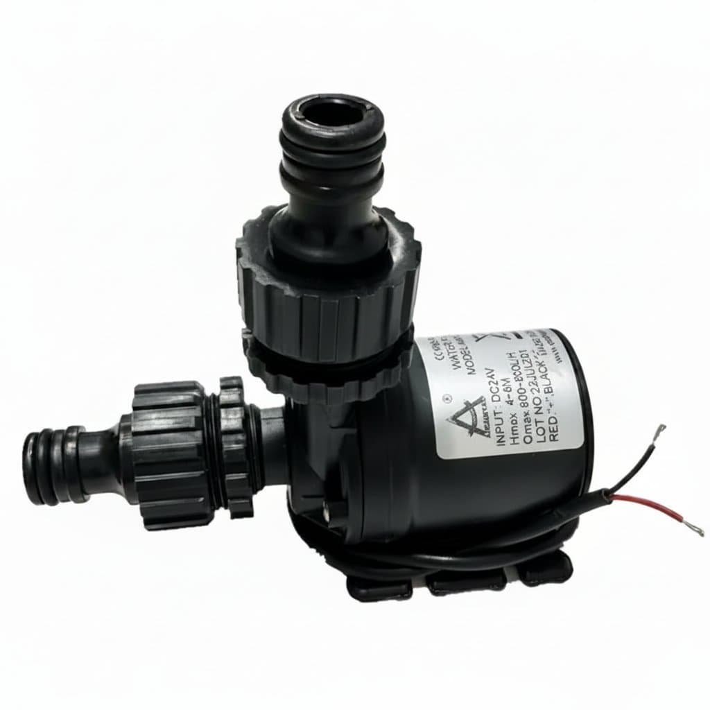 Ultra-quiet 12V/24V DC submersible water pump with brushless motor, 5m lift, 800L/H flow, and quick-break joint for solar applications.