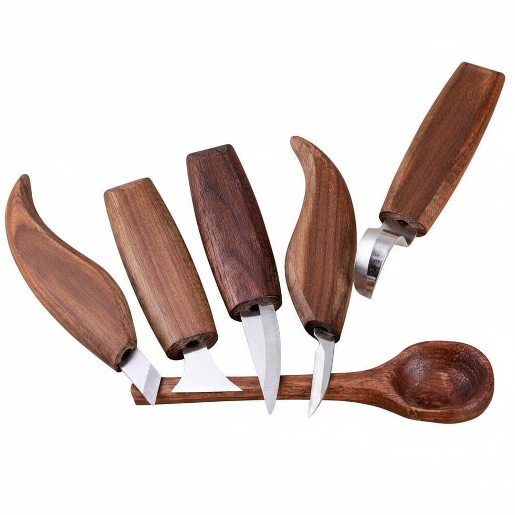 Professional wood carving knife with ergonomic handle and sharp chisel blade for detailed spoon making and woodcut DIY projects.