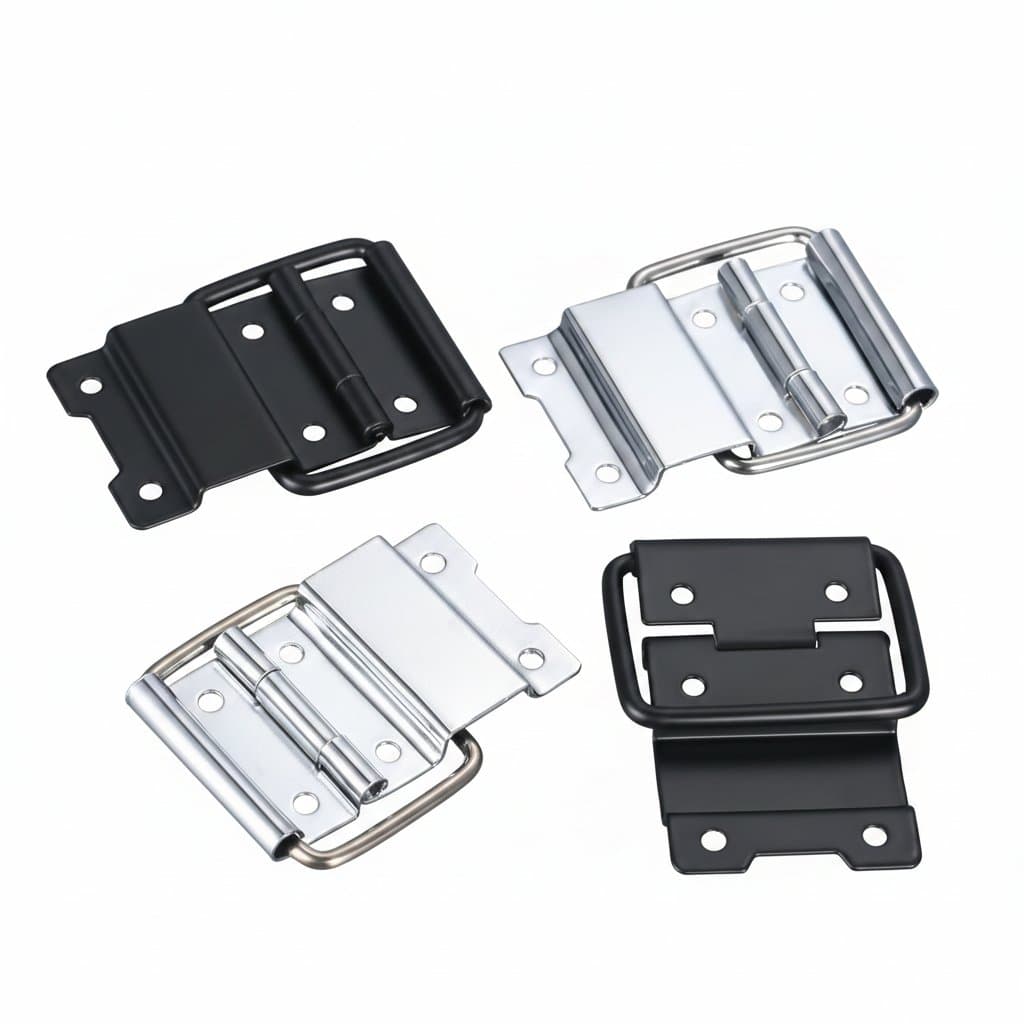 Silver or black cabinet hinges with 6-hole mounting pattern for flight cases, tool boxes, lockers, and suitcase fittings.