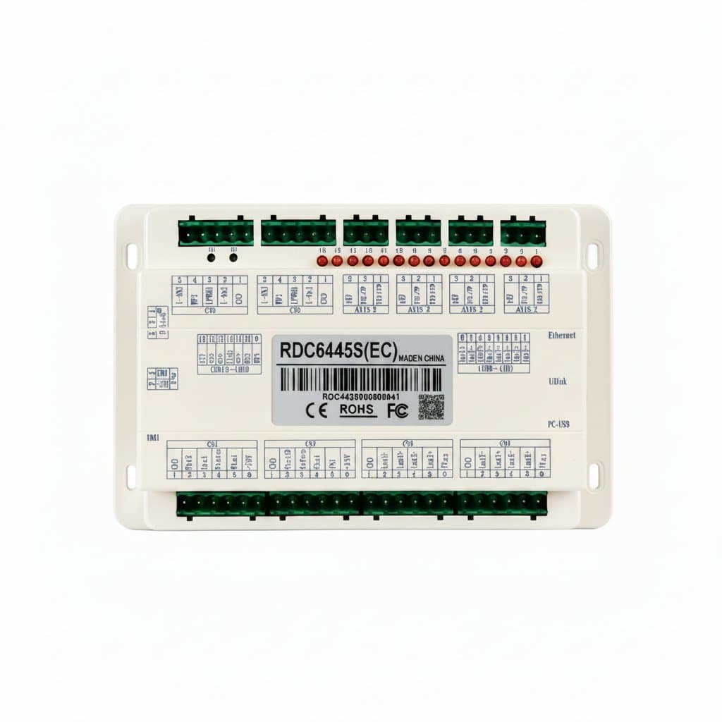 Ruida RDC6445G laser controller for CNC engraving machines, featuring a sleek metal housing and digital display for precision control.