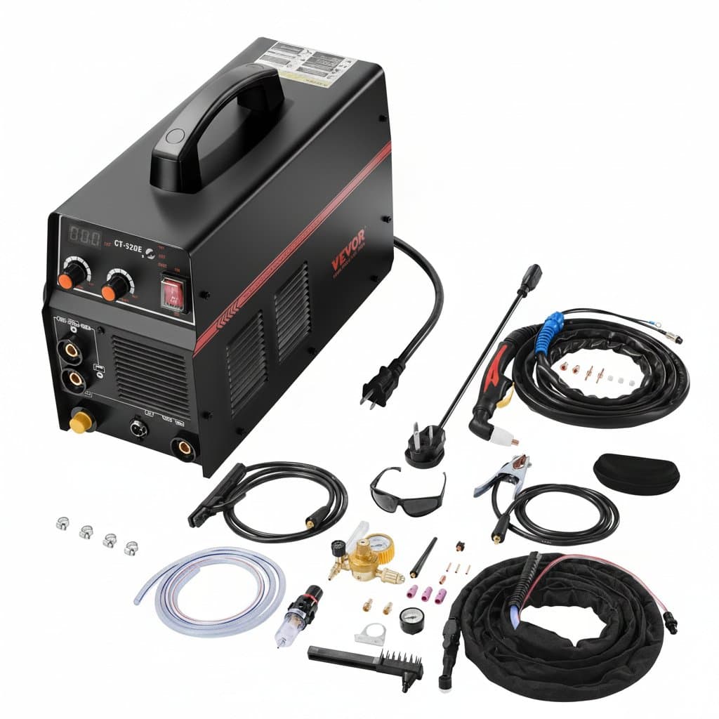 SucceBuy CT-520E 3-in-1 Plasma Cutter and TIG/MMA Welder Combo Machine with IGBT inverter technology on a workbench.