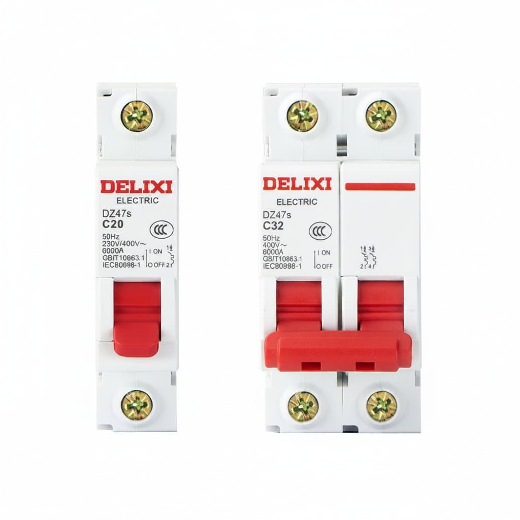 DELIXI DZ47s DIN rail mount MCB circuit breaker in 1P and 2P configurations, showing amperage ratings from 6A to 63A.