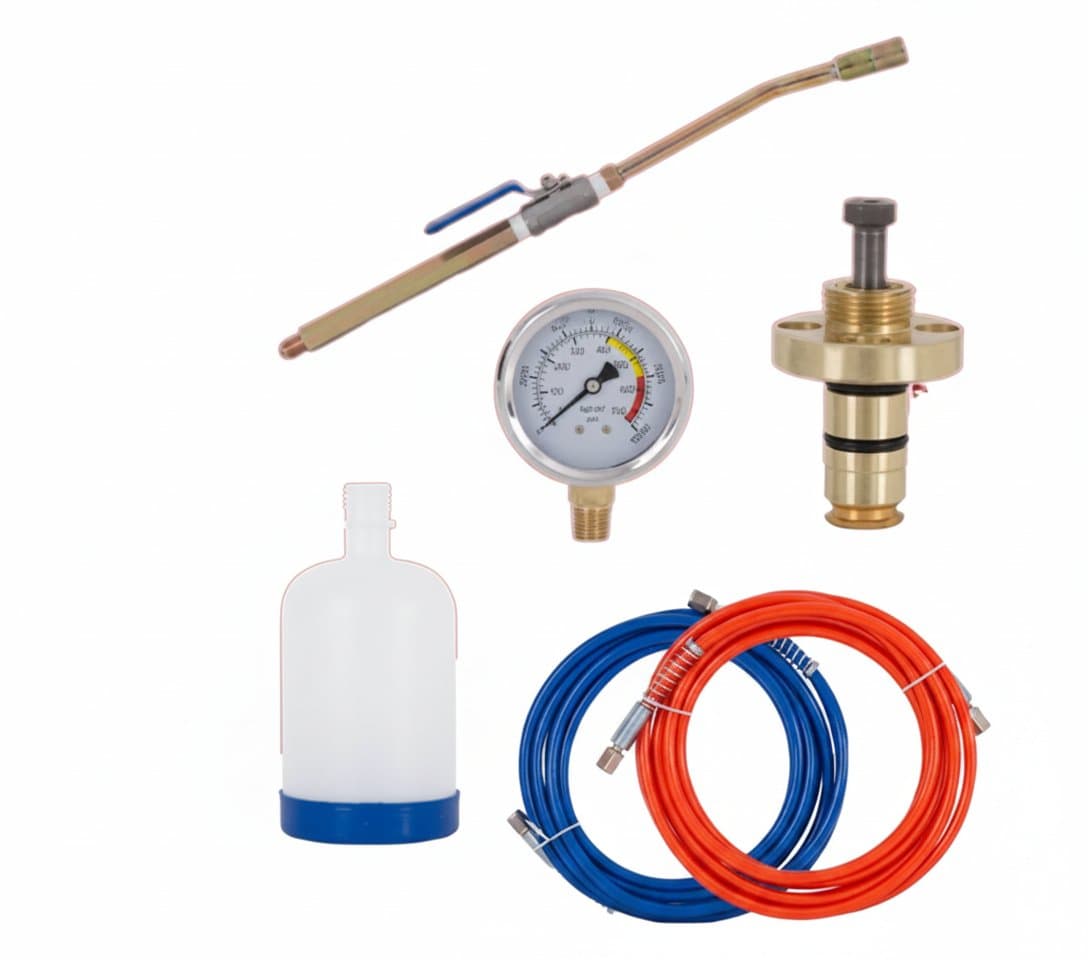 Assorted accessories for a high-pressure grouting machine, including pipe pump, pressure gauge, gun head, valve switch, and material cup.