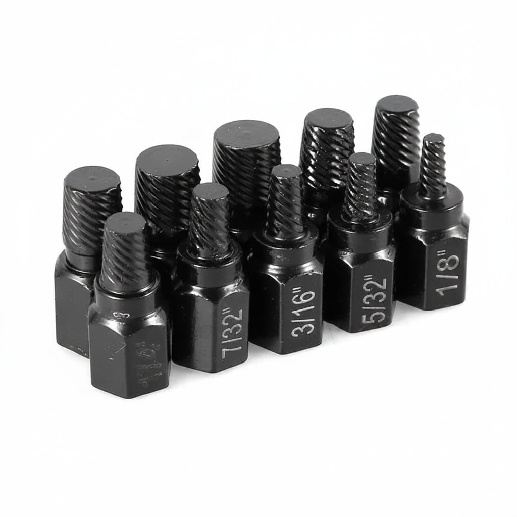 10-piece alloy steel screw extractor kit for removing stripped, damaged, or broken bolts and screws with a drill.