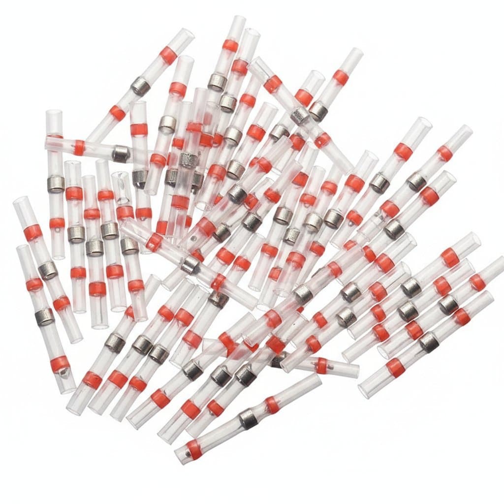 50PCS Heat Shrink Wire Connectors with solder seal for waterproof electrical splices on AWG 22-18 gauge wire, tinned terminals.