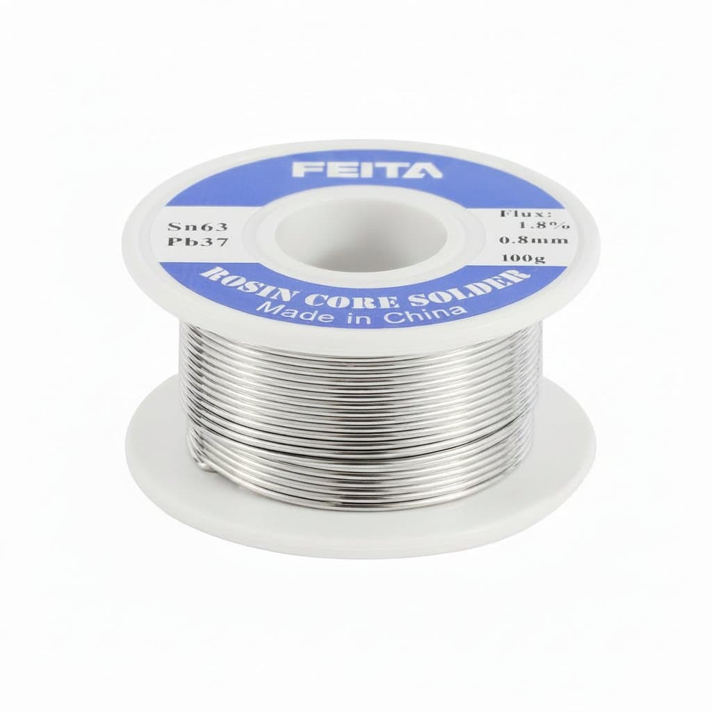 63/37 tin-lead solder wire with no-clean rosin core flux on a professional reel, ideal for electronics soldering and welding repairs.