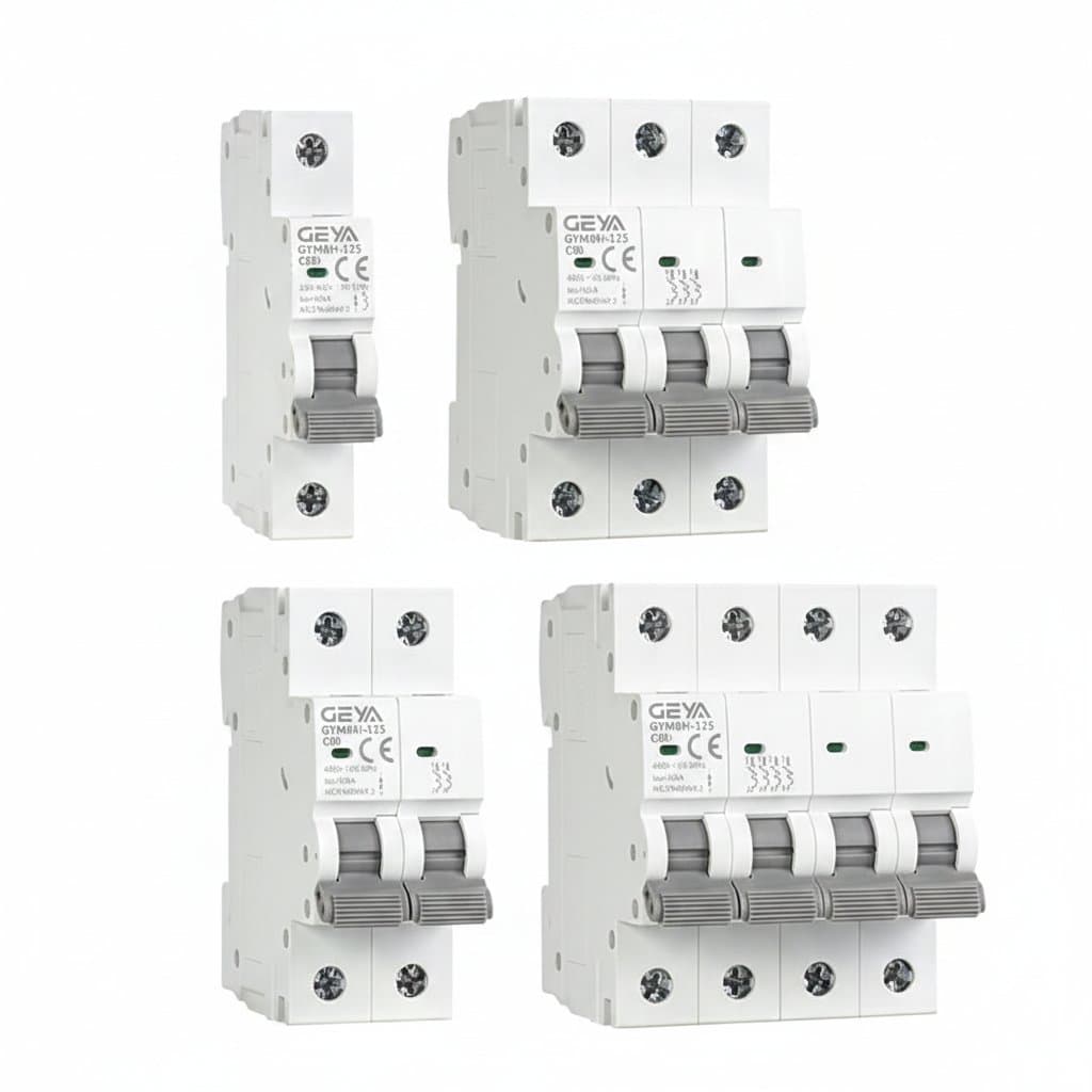 GEYA GYM9H-125 Mini Circuit Breaker for fitness equipment, showing 80A to 125A ratings with clear overload and short-circuit protection.