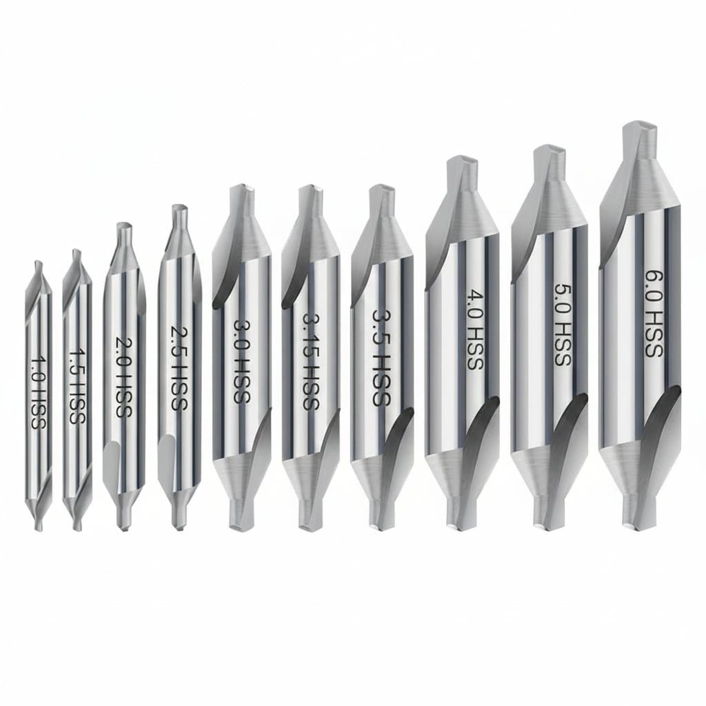 60-degree HSS center drill bit set for lathe metalworking, available in sizes from 1mm to 6mm for precise centering operations.