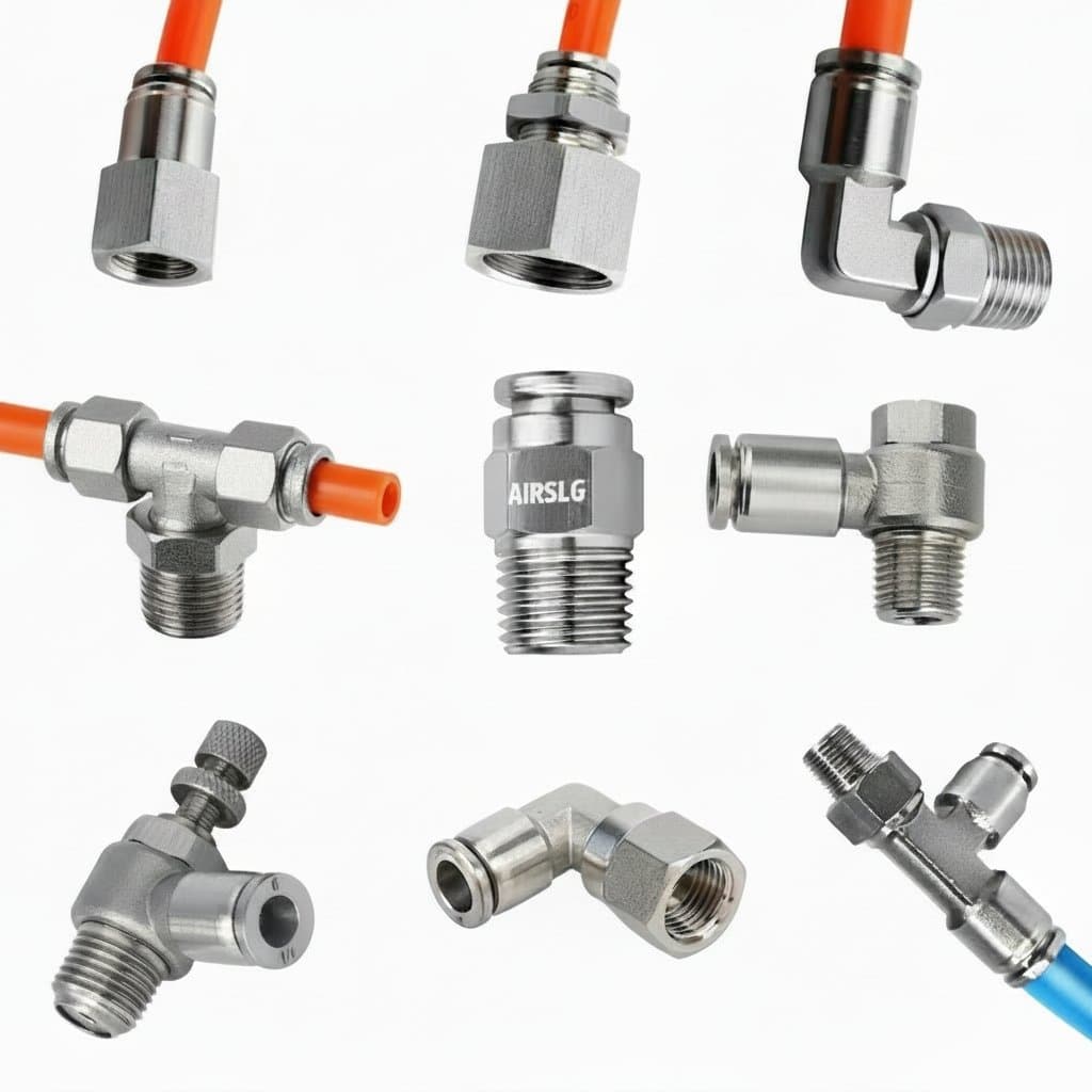 304 stainless steel pneumatic quick release fittings set including PC, PCF, PL, PLF, and PB connectors in sizes 1/8, 1/4, 3/8, and 1/2 inch.