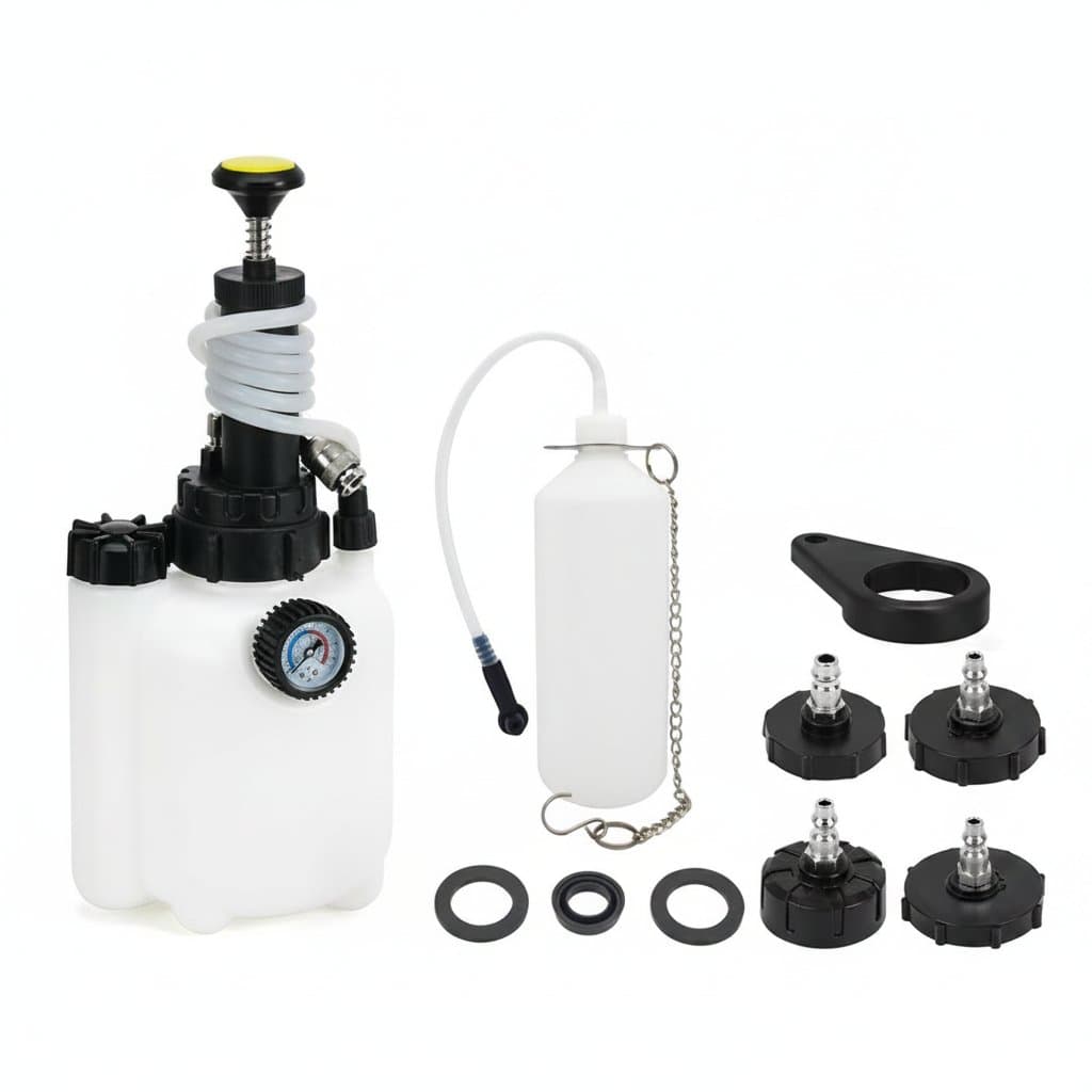 A comprehensive 3L vacuum brake fluid bleeder kit, featuring a pressure pump and various adapters for professional brake flushing.