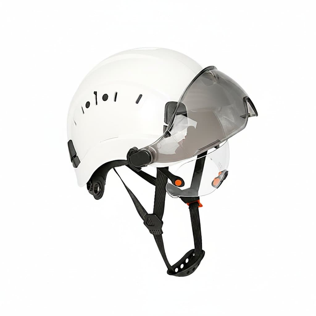 CR08 ANSI-certified safety helmet with integrated goggles and visor, made from high-impact ABS for industrial head protection.