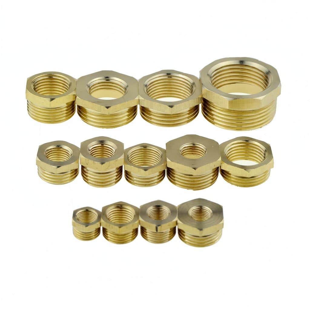 Brass hex bushing reducer pipe fitting with 1/8 to 1/2 inch female to male threads for water and gas line connections