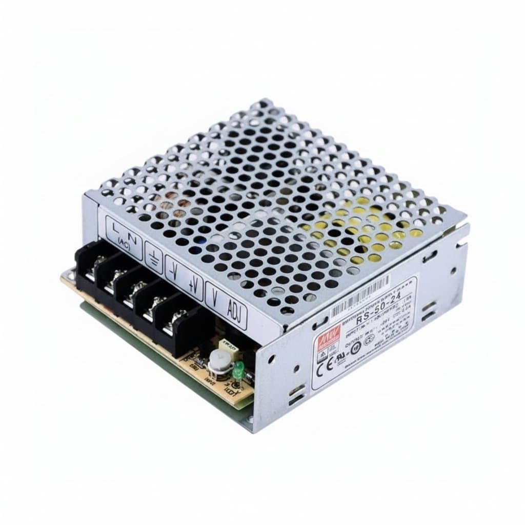 MEAN WELL RS-50 50W enclosed switching power supply unit with metal housing, showing input and output terminals.