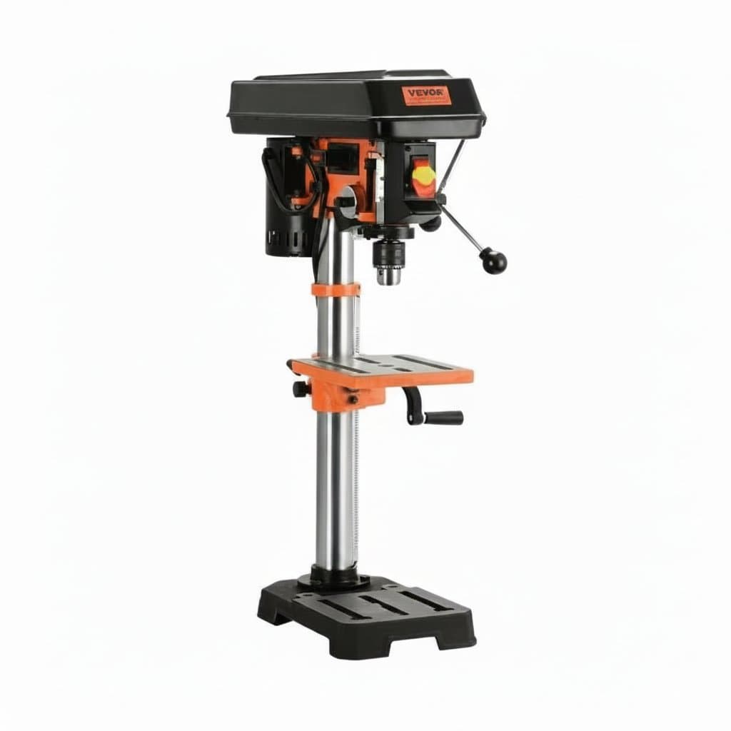 SucceBuy 10-inch Swing Tabletop Drill Press with 5 speeds, 3.2Amp motor, laser guide, and LED work light for precise woodworking.