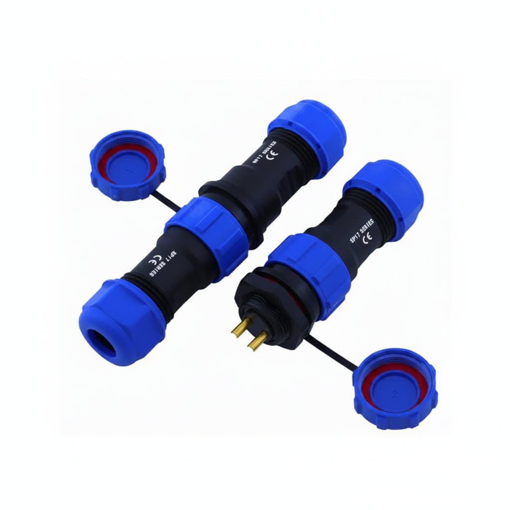 Gangbei SP17 series IP68 rated threaded cable connector, showing male and female plastic housings with multiple pin configurations for secure electrical connections.