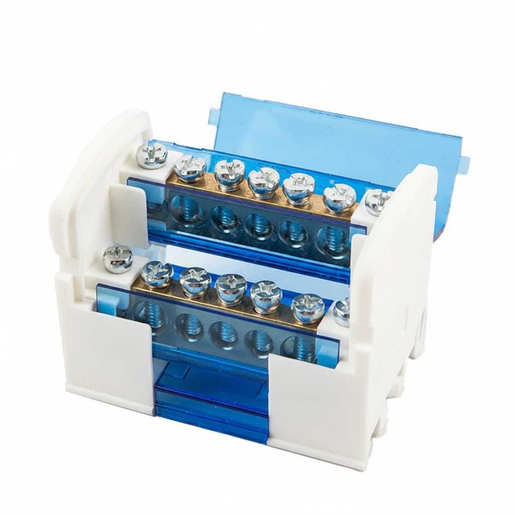 DE brand WKH207 modular terminal block for power distribution, mounted on a standard DIN rail with screw clamp connections.