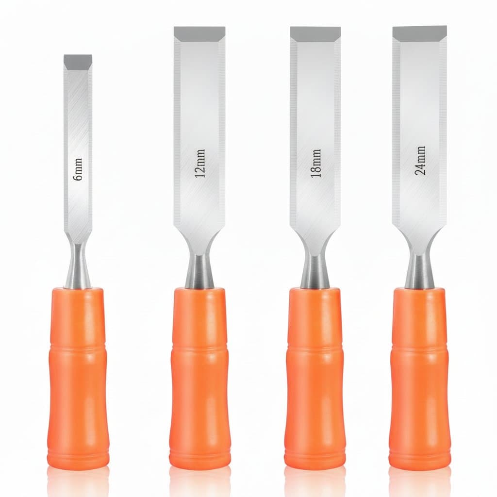 4-piece wood carving chisel set with 6mm, 12mm, 18mm, and 24mm carbon steel flat chisels for professional carpentry and woodworking.