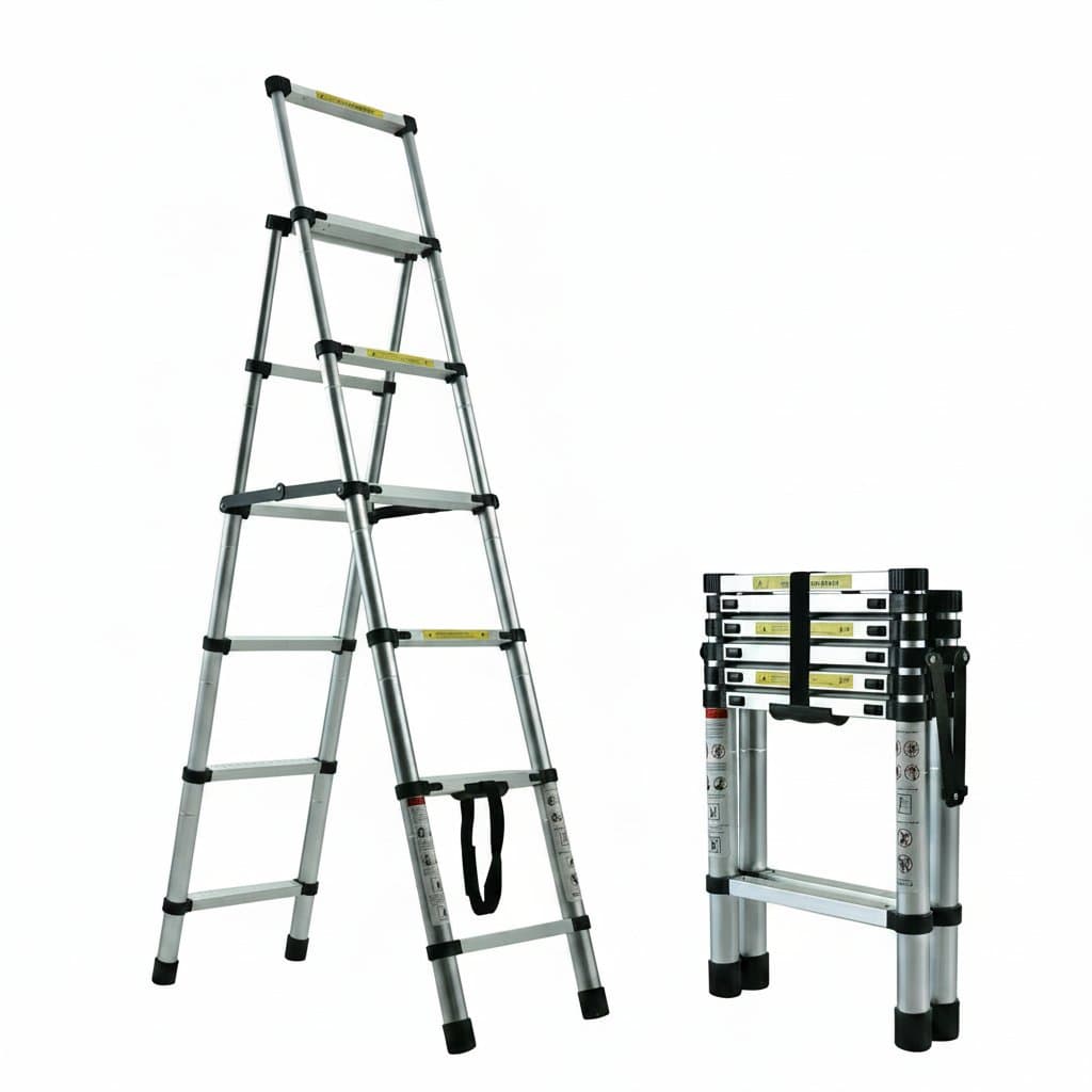 Compact 4, 5, or 6-step aluminum folding extension ladder, portable and safety-rated for lofts with a 330 lbs load capacity.