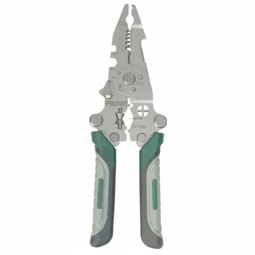 Foldable wire stripper with innovative pulley design for effortless stripping, crimping, and winding, a multi-function electrician hand tool.