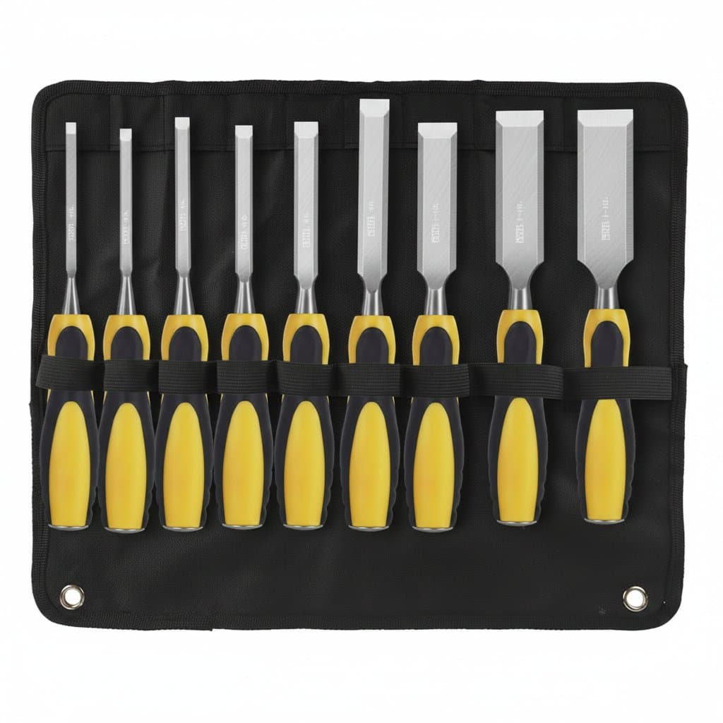 Professional 9-piece wood chisel set for carpentry and wood carving, featuring ergonomic handles and sharp steel blades in a durable storage case.