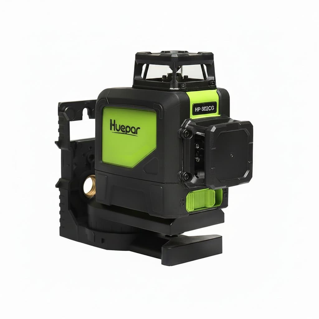 Huepar 902CG 360 self-leveling 3D laser level with green beam, offering 5, 8, or 12-line modes for layout work.