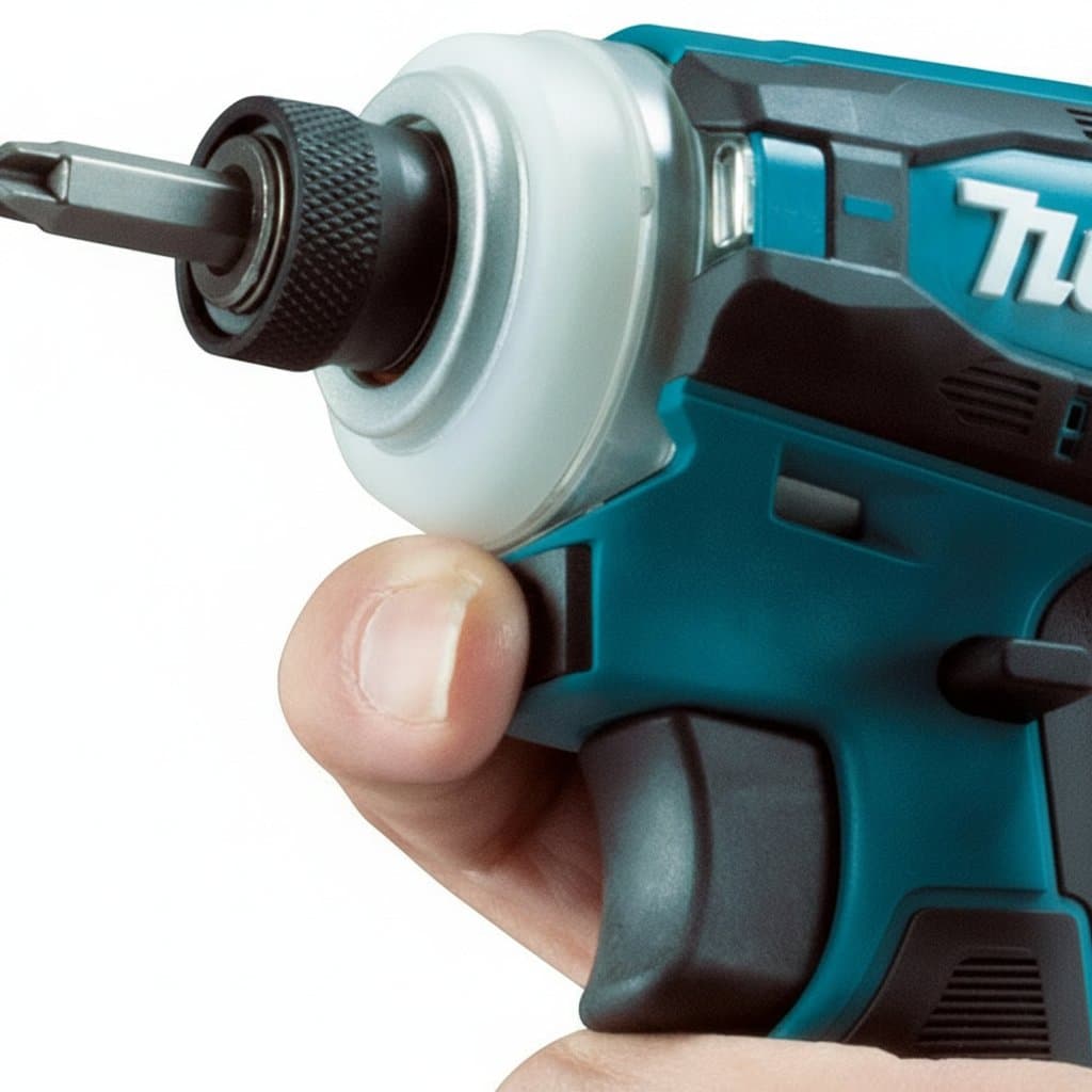 Makita DTD173 Brushless Impact Drill with 180N.M torque, cordless 18V driver for drilling and screwdriving on a workbench.