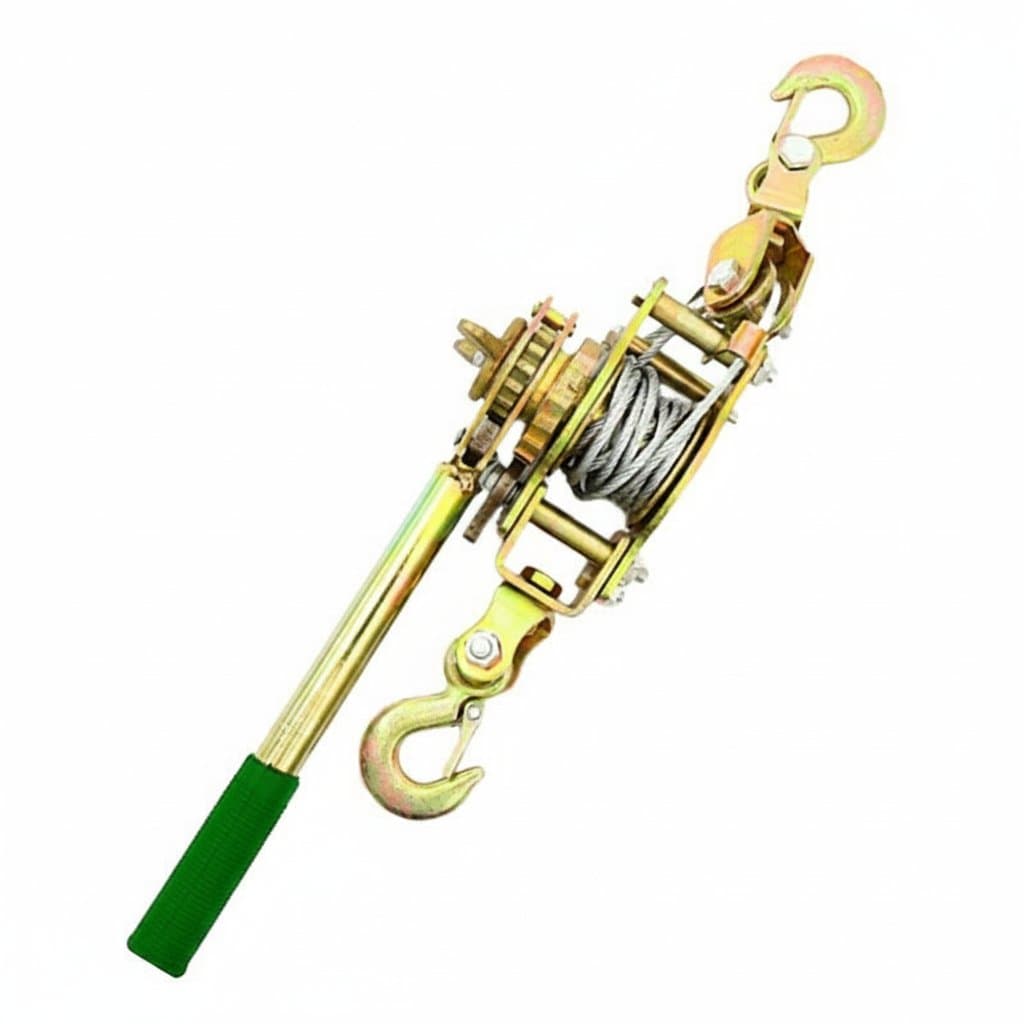 Manual cable ratchet tensioner with reinforced gears, featuring a pulley system for tightening cords, wires, or lifting applications.