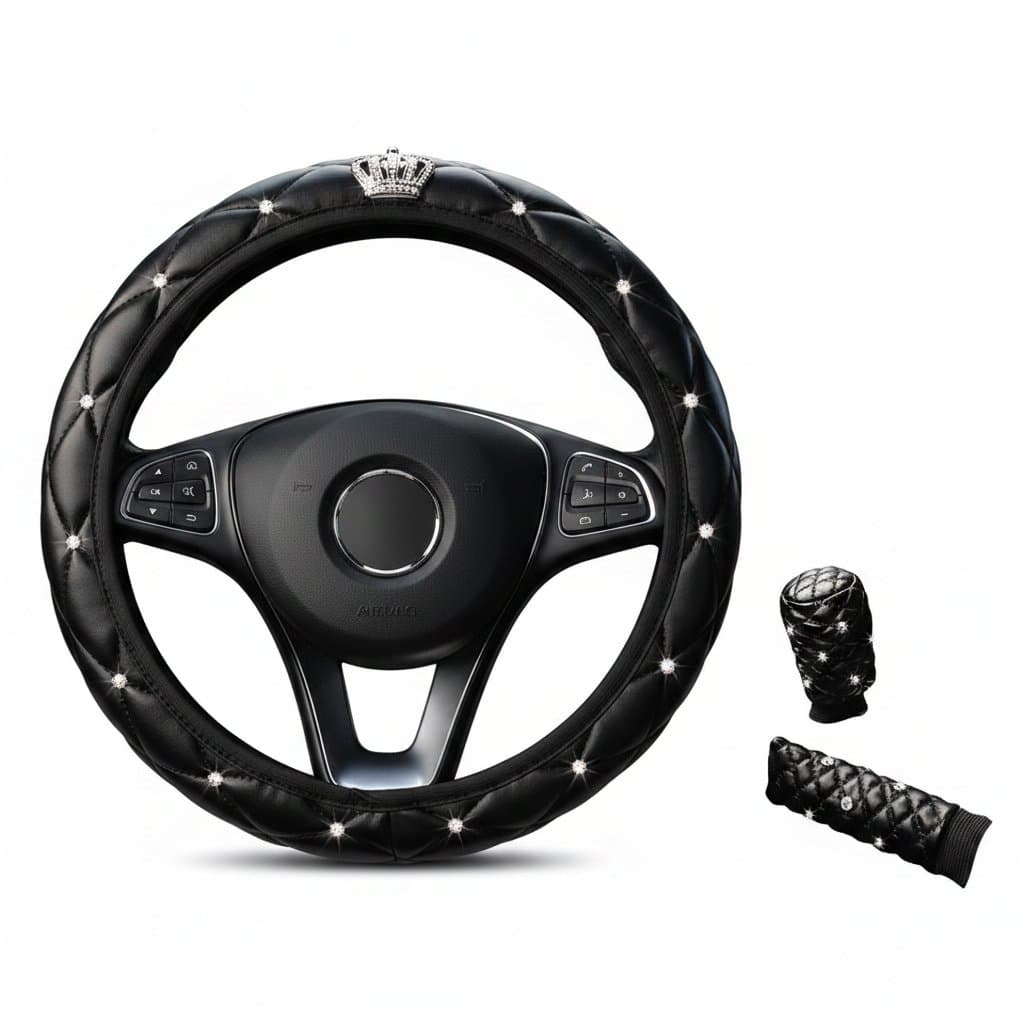 Soft leather crown diamond car steering wheel covers, gear shift, and handbrake cover 3-piece set.