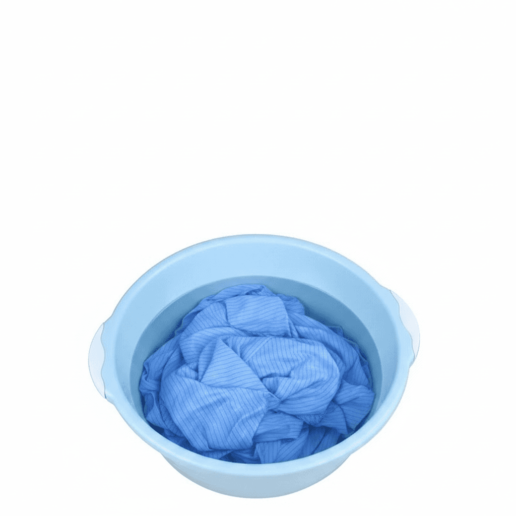 Unisex Protective Bib and Brace Overalls: Person washing a blue garment in a light blue basin.