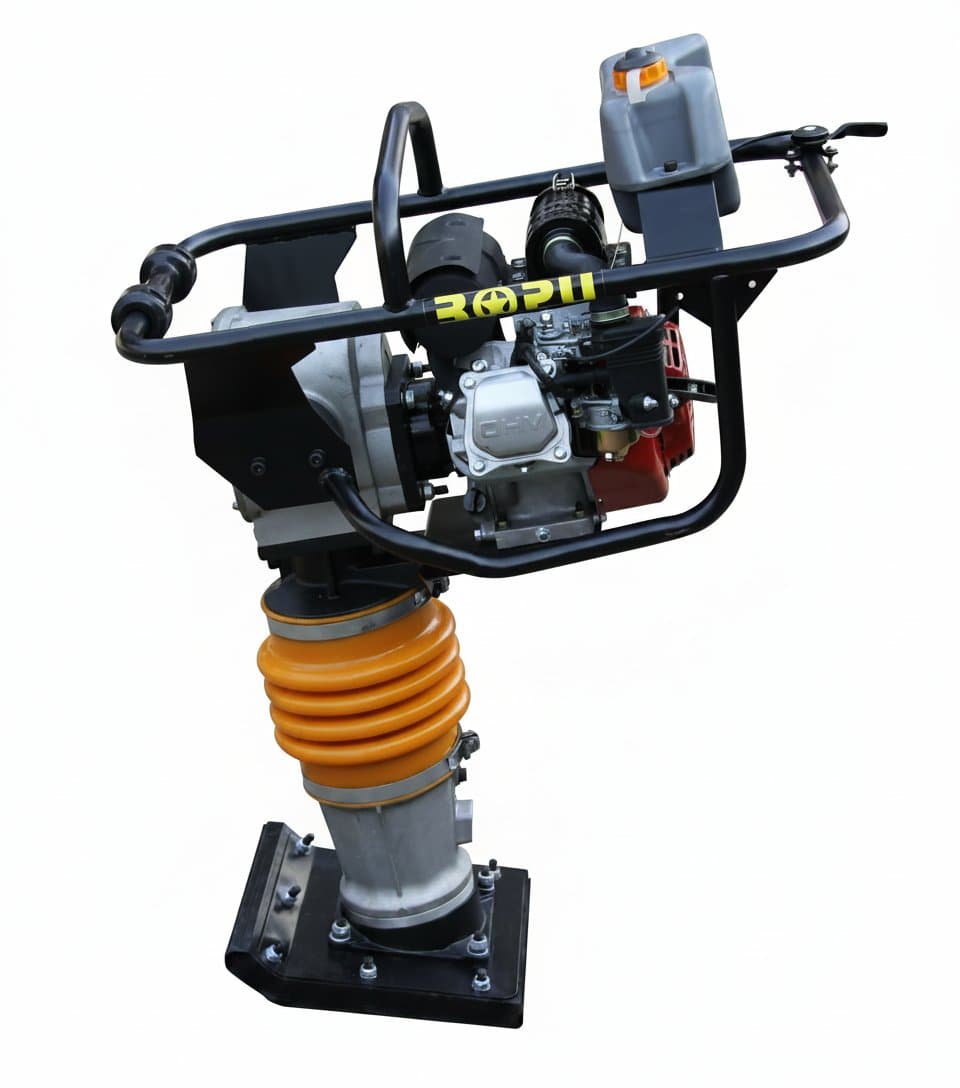 5.5HP GX160 jumping jack rammer compactor for high-impact soil compaction on building foundations and construction sites.