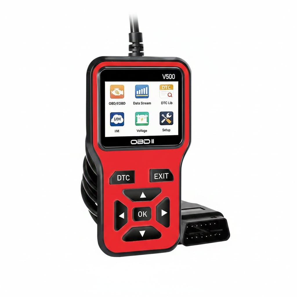 2025 OBD2 scanner diagnostic tool with complete engine code reading, data stream, I/M readiness, voltage test, and erase functions.