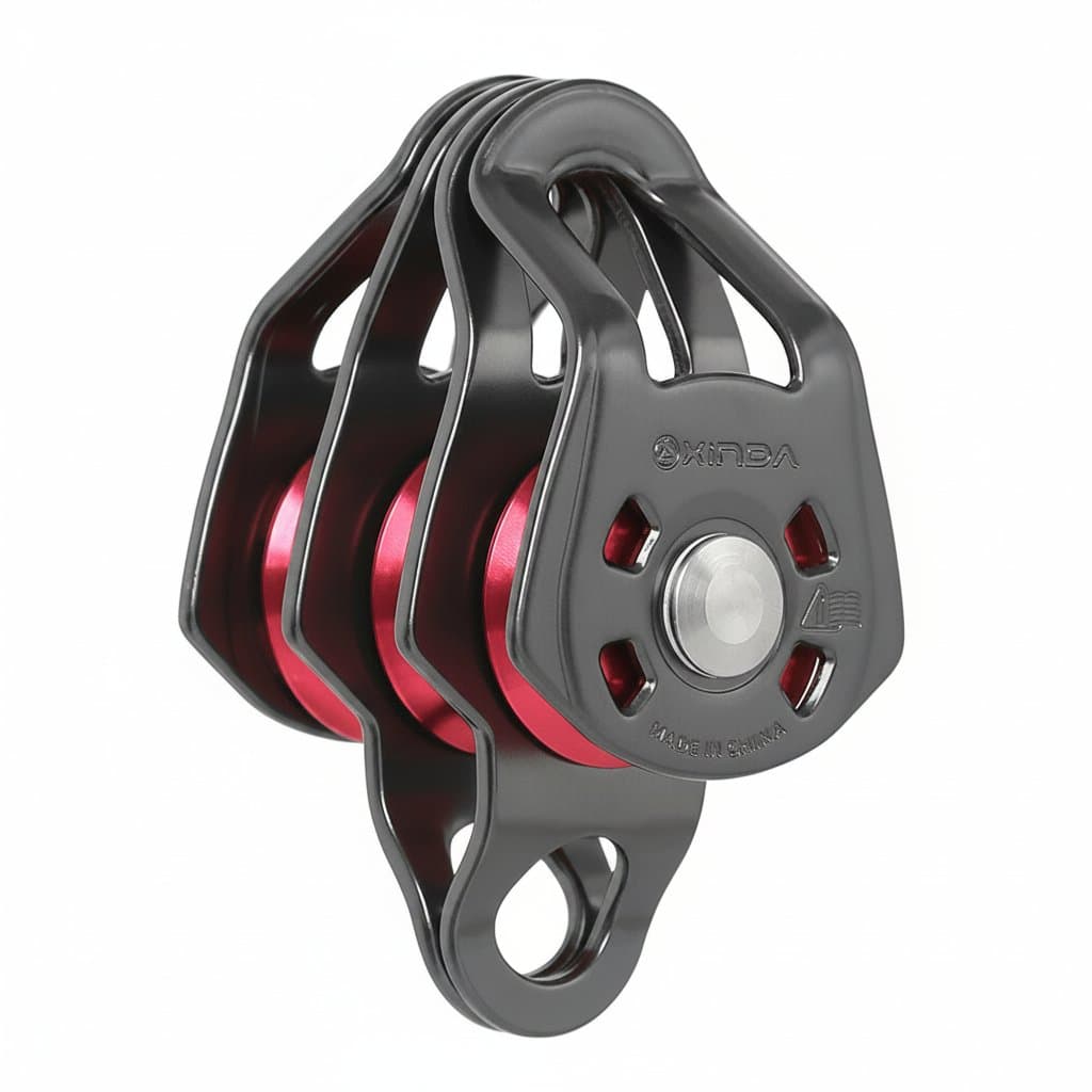 Xinda Outdoor triple pulley system for hoisting, ropeway transport, and rescue operations, featuring three heavy-duty aluminum pulleys.