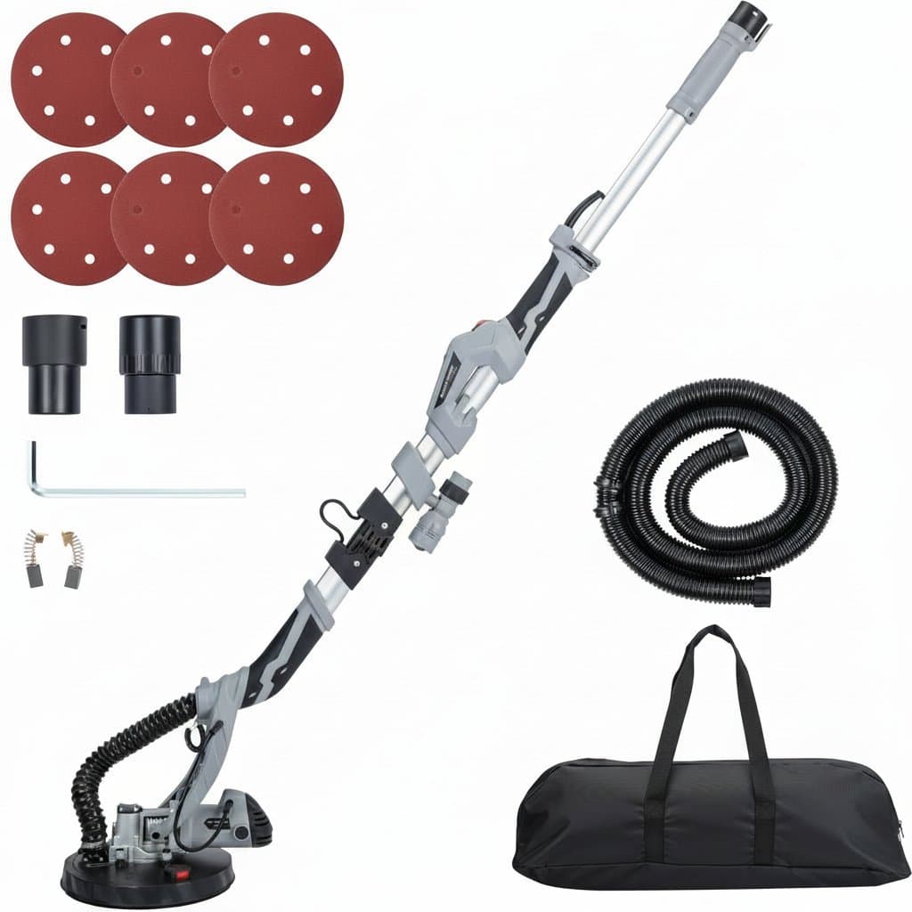 710W electric drywall sander with 6 sanding discs, variable speed 800-1700 RPM, and 6.6-foot dust hose for extended reach.
