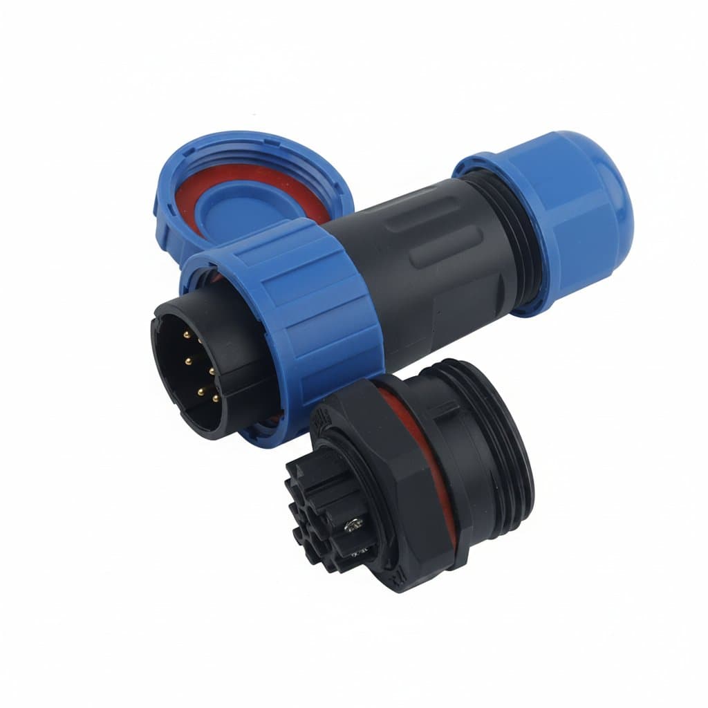 SP20 LP20 waterproof aviation connector set with male plug, female socket, back nut, and screw crimp terminals for outdoor use.
