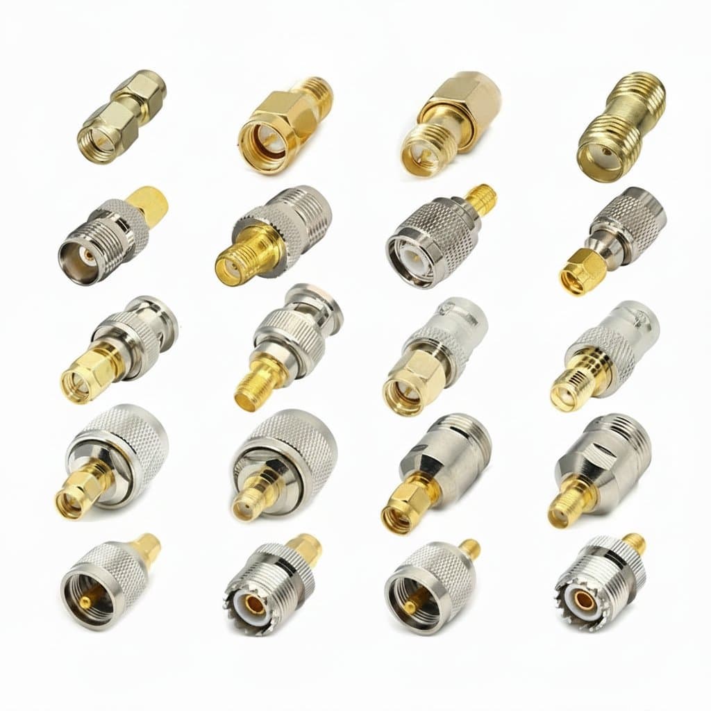SMA to RP-SMA, BNC, UHF, PL259, SO239, and TNC RF coaxial adapter connector set for professional electronics and antenna systems.