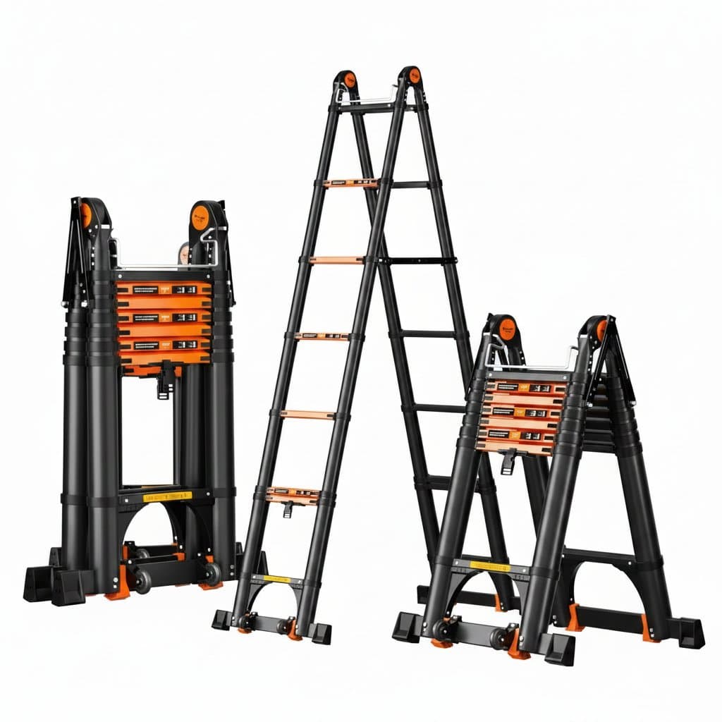 Heavy-duty aluminum alloy A-frame extension ladder, telescopic and foldable for multi-function use in home, warehouse, or construction.
