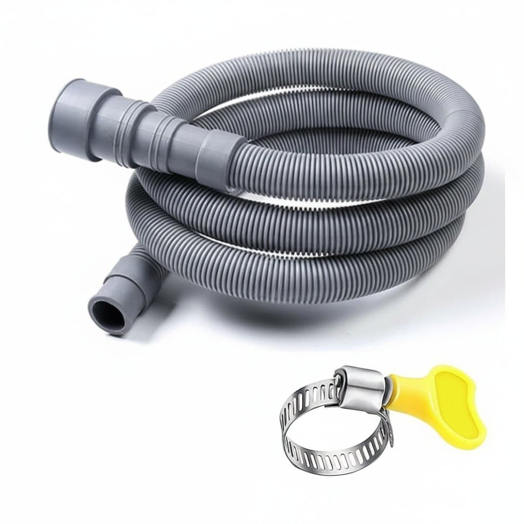 Washing machine hose, grey corrugated, with a metal clamp and yellow handle.