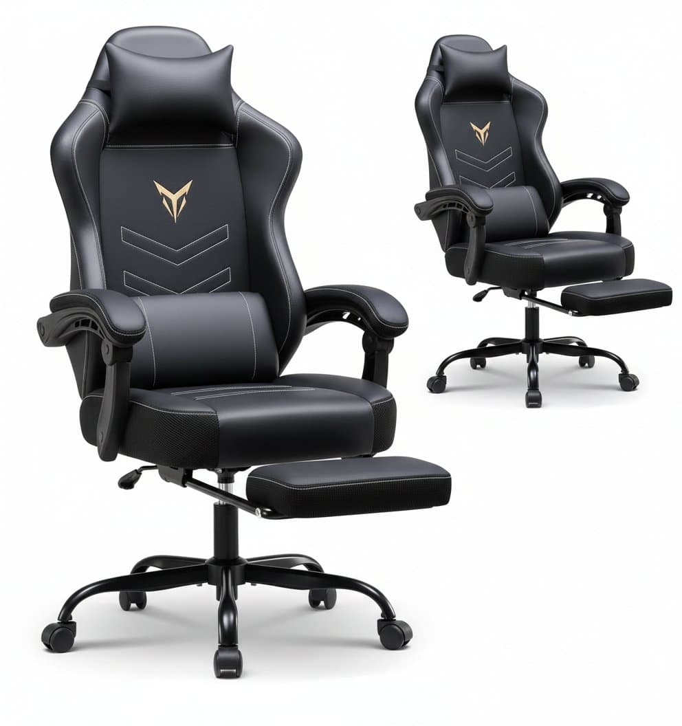 Black ergonomic gaming chair with footrest, reclining function, adjustable headrest, and lumbar support for office or home.