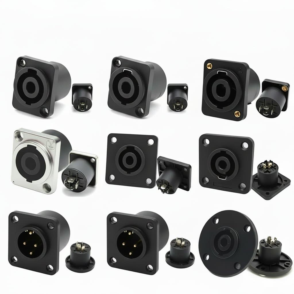 5 to 20 pack of 4-pole Speakon female audio connector sockets with round base for secure professional speaker connections.