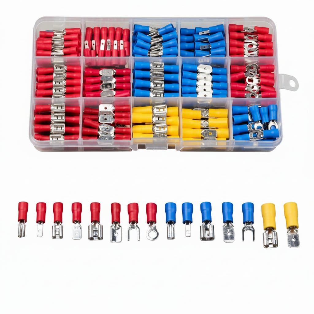 280-piece insulated electrical connector kit with spade, ring, fork, and butt terminals for professional wire crimping.