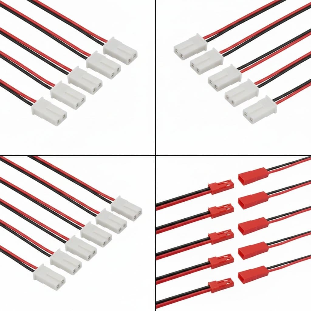 10 pairs of JST 1.25mm, 2.0mm, and 2.54mm 2-pin male and female connector cables for electronic wiring and prototyping.