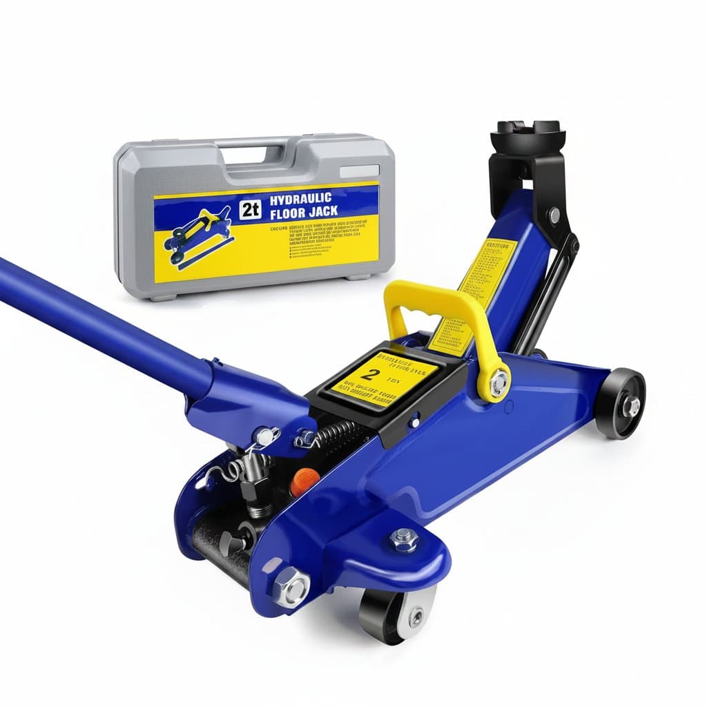 DayPlus 2 Ton Hydraulic Trolley Floor Jack in a garage setting, showcasing its low profile design and heavy-duty steel construction for car tire changes.
