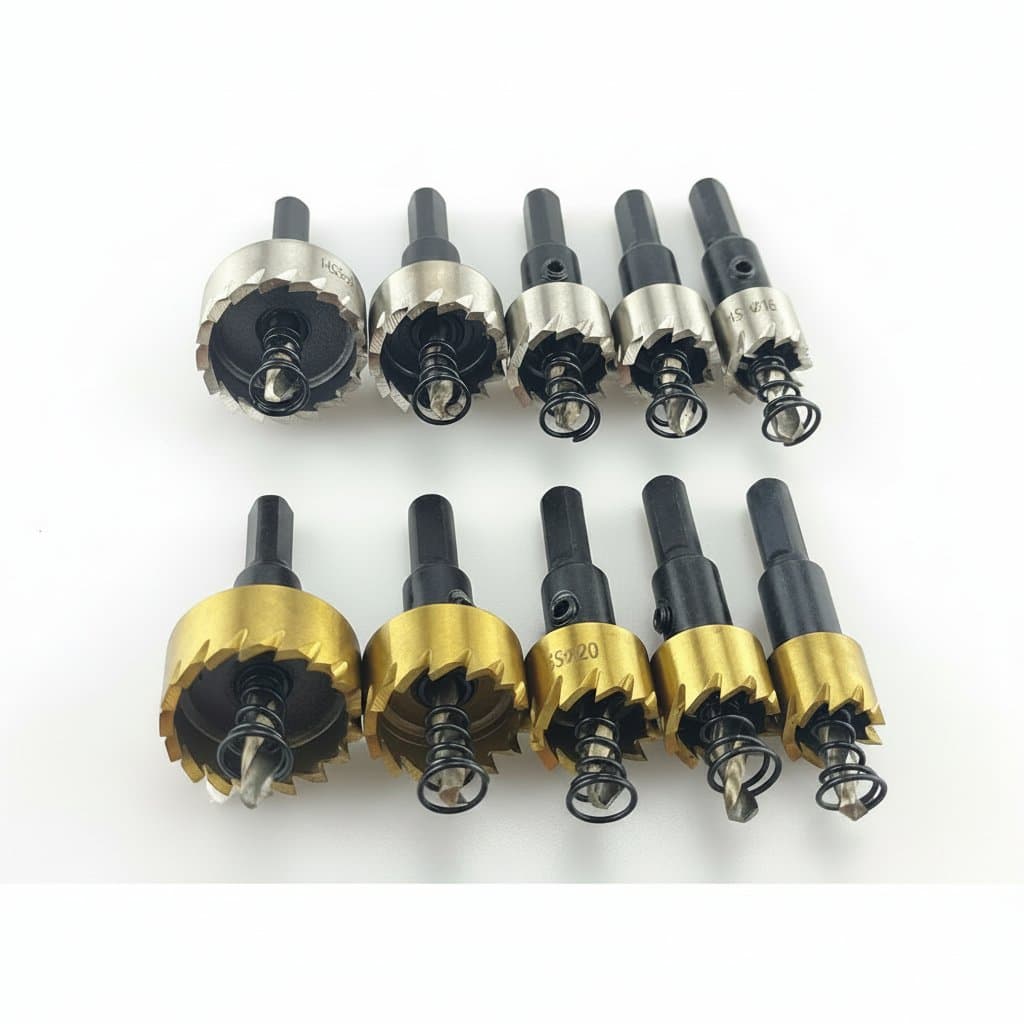5-piece HSS hole saw set with titanium coating for drilling metal, alloy, stainless steel, and wood, sizes 16mm to 30mm.