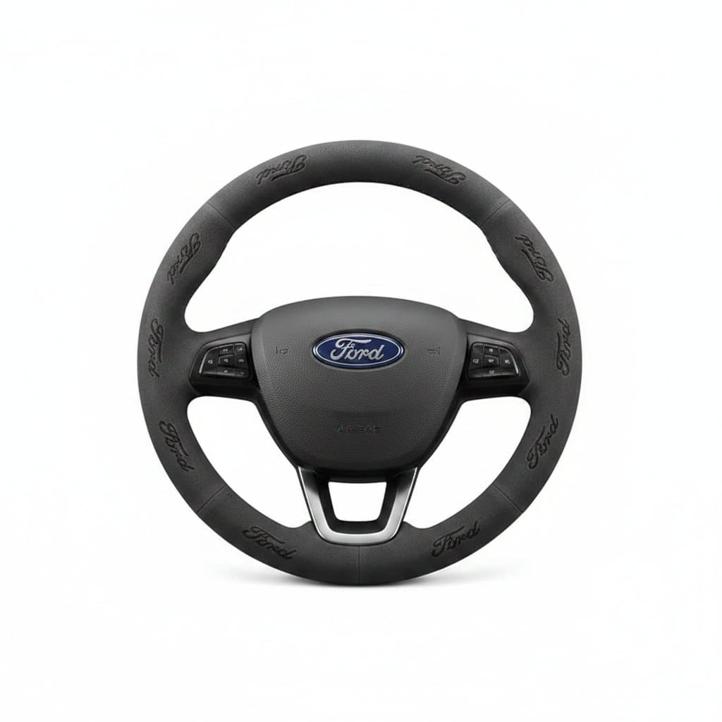 A black suede anti-slip steering wheel cover for Ford vehicles, providing enhanced grip and comfort.