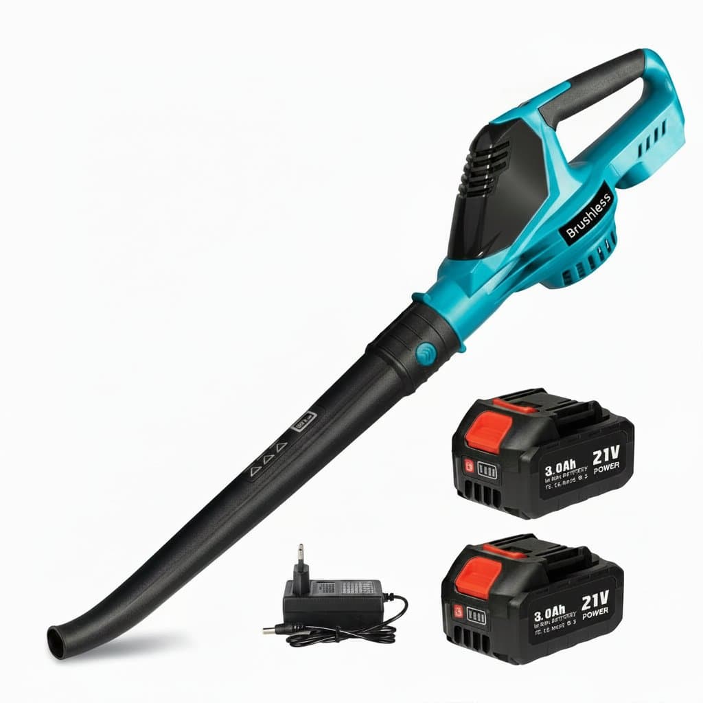 Makita 18V cordless leaf blower with 5500W brushless motor, blowing leaves and debris with high-power air stream.