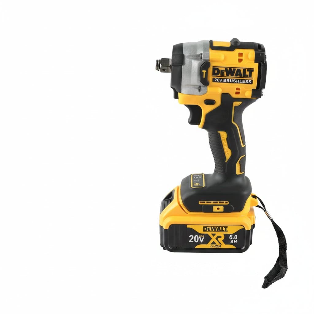 DEWALT DCF921 ATOMIC 20V MAX 1/2-inch Cordless Impact Wrench with battery, shown on a workbench with its built-in charger.