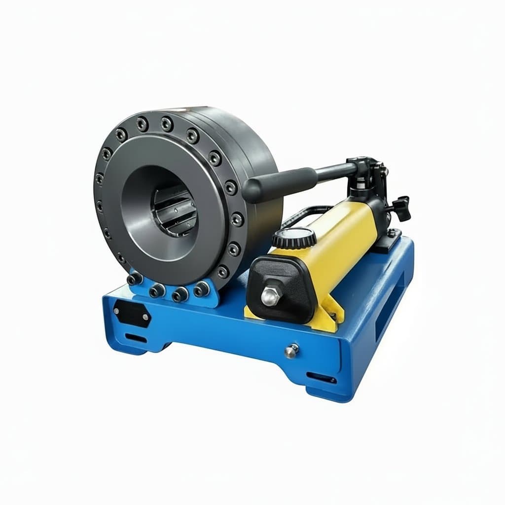 Original BNT30A Enerpac portable hydraulic hand pump for pressing hose fittings, shown on a workshop bench.