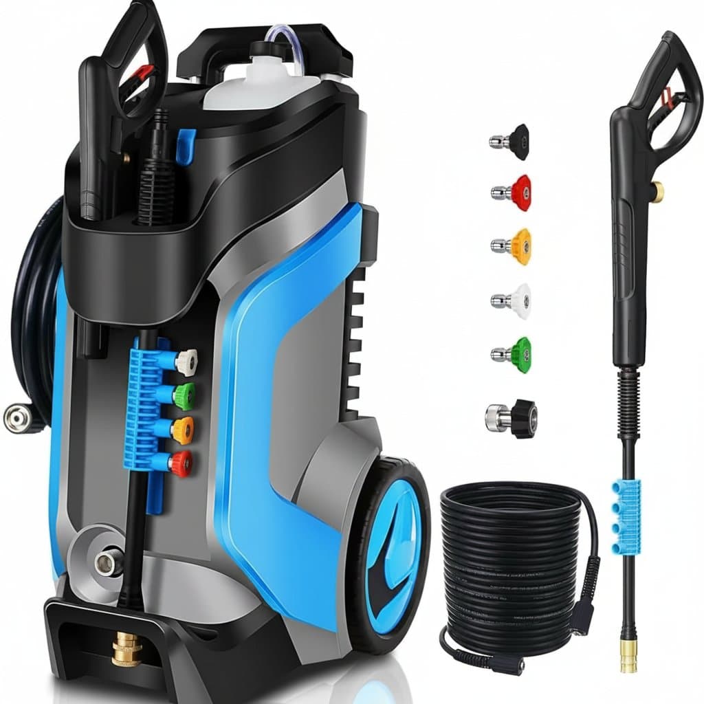5000 PSI electric pressure washer with 4.0 GPM flow rate, includes a 33-foot M22 hose, five nozzles, soap bottle, and quick-connect surface cleaner.